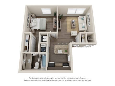 A 3D floor plan of a small apartment with a kitchen, living room, and bathroom.